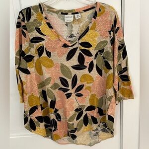 Rachel Zoe 100% Linen Floral V Neck 3/4 Sleeve High Low Shirt Top Size 1X